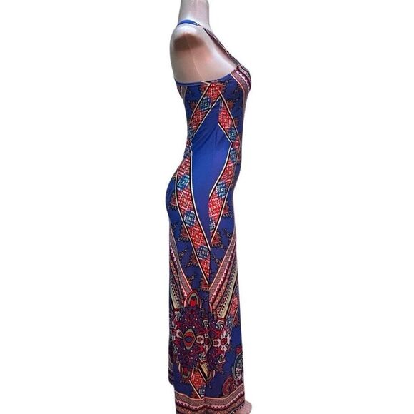 Boho Tribal Maxi Dress Women's S/M Multi Geometric V-neck Sleeveless Racerback - Picture 4 of 12